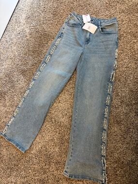 Women’s Light Blue Pearl-Trim Straight/ baggy blue busa nwt